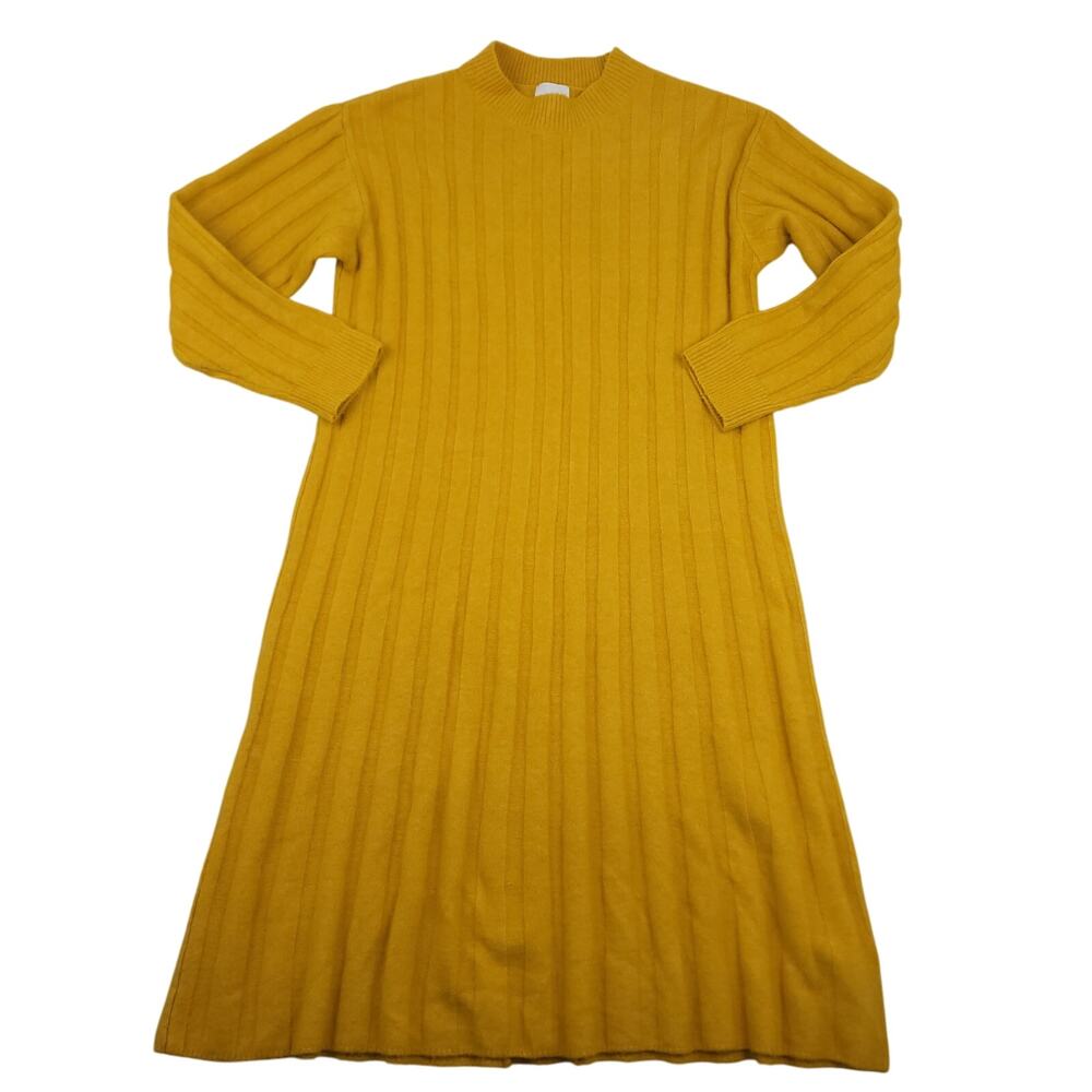 H&M Women's Ochre Oversized Stretch Wool Blend Ribbed Midi Dress Sz Small Yellow